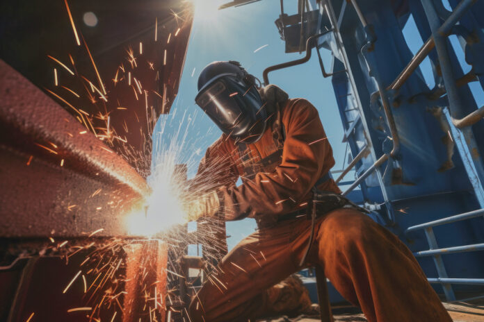 Um trabalhador especializado em soldagem está reparando estruturas metálicas em uma plataforma de petróleo offshore.